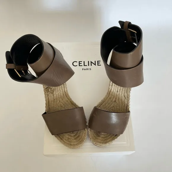 Celine by Phoebe Philo Leather Strap Wedge Jute Espadrilles Shoes Size 7 | IT 37