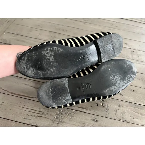 CHANEL Black Ivory Velvet Zebra Striped CC Ballet Flats Size 39 9