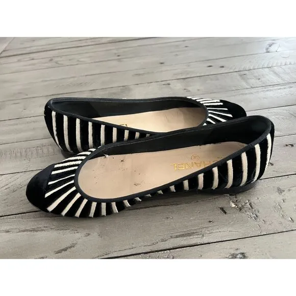 CHANEL Black Ivory Velvet Zebra Striped CC Ballet Flats Size 39 9