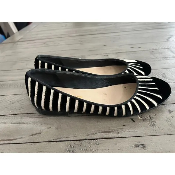 CHANEL Black Ivory Velvet Zebra Striped CC Ballet Flats Size 39 9