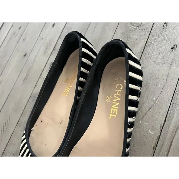 CHANEL Black Ivory Velvet Zebra Striped CC Ballet Flats Size 39 9