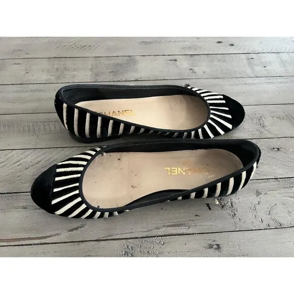 CHANEL Black Ivory Velvet Zebra Striped CC Ballet Flats Size 39 9
