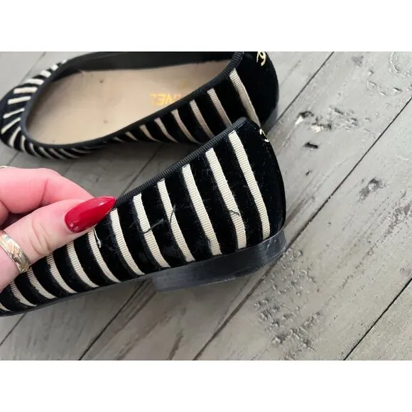 CHANEL Black Ivory Velvet Zebra Striped CC Ballet Flats Size 39 9