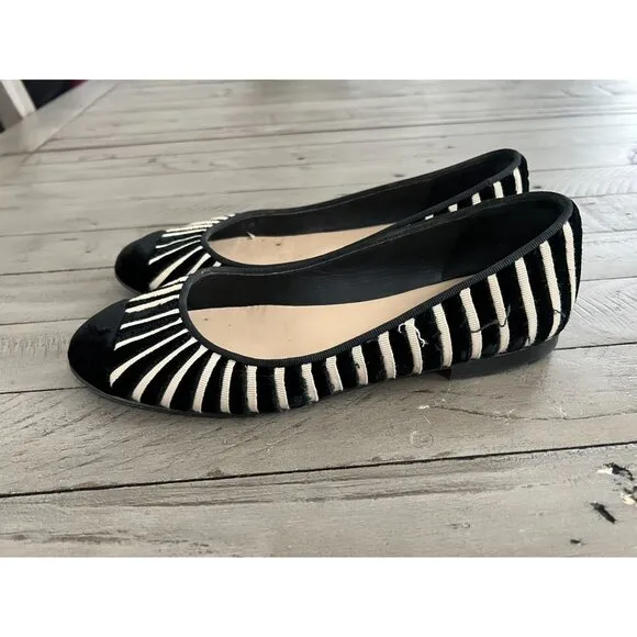 CHANEL Black Ivory Velvet Zebra Striped CC Ballet Flats Size 39 9