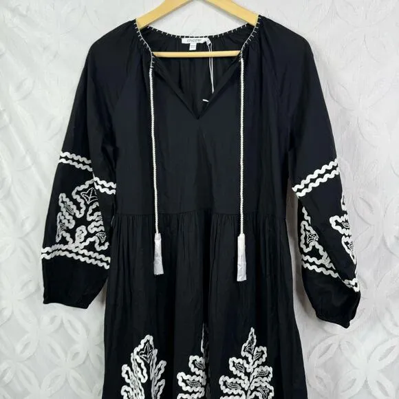 Chico’s Rickrack Tiered Midi A Line Tassel Embroidered Long Sleeve Dress 4 NWT