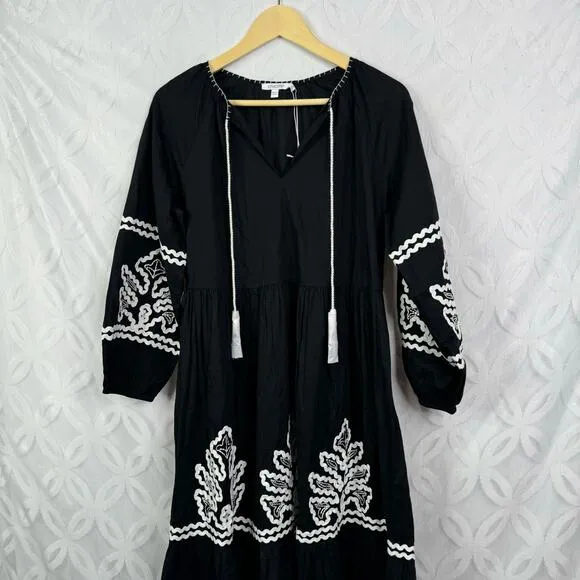Chico’s Rickrack Tiered Midi A Line Tassel Embroidered Long Sleeve Dress 4 NWT