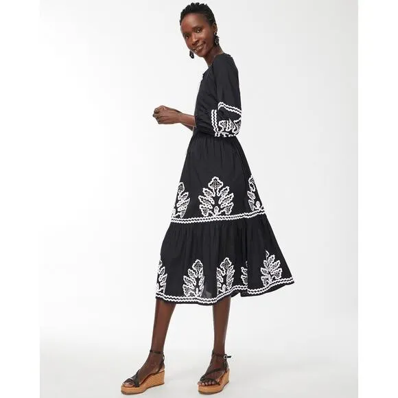 Chico’s Rickrack Tiered Midi A Line Tassel Embroidered Long Sleeve Dress 4 NWT