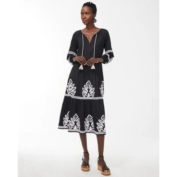 Chico’s Rickrack Tiered Midi A Line Tassel Embroidered Long Sleeve Dress 4 NWT
