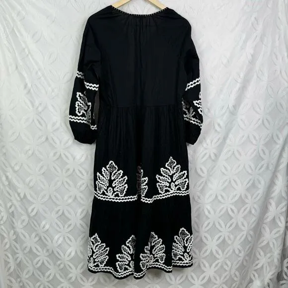 Chico’s Rickrack Tiered Midi A Line Tassel Embroidered Long Sleeve Dress 4 NWT