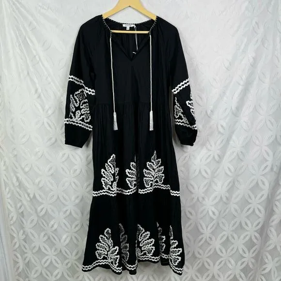 Chico’s Rickrack Tiered Midi A Line Tassel Embroidered Long Sleeve Dress 4 NWT