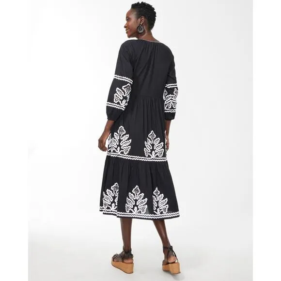 Chico’s Rickrack Tiered Midi A Line Tassel Embroidered Long Sleeve Dress 4 NWT