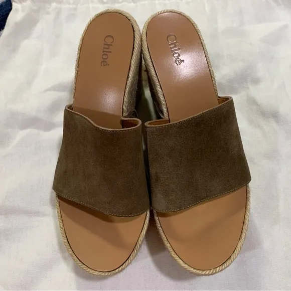 CHLOE Brown Taupe Suede Fringe Platform Wedge Espadrille Sandals EU 38 US 8