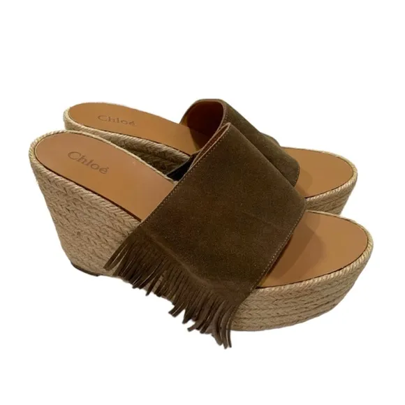 CHLOE Brown Taupe Suede Fringe Platform Wedge Espadrille Sandals EU 38 US 8
