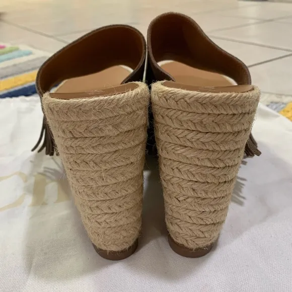 CHLOE Brown Taupe Suede Fringe Platform Wedge Espadrille Sandals EU 38 US 8