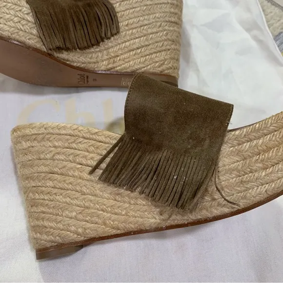 CHLOE Brown Taupe Suede Fringe Platform Wedge Espadrille Sandals EU 38 US 8