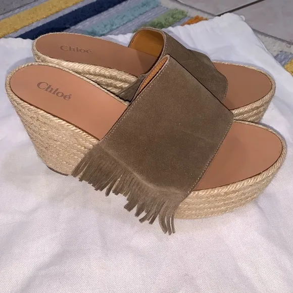CHLOE Brown Taupe Suede Fringe Platform Wedge Espadrille Sandals EU 38 US 8