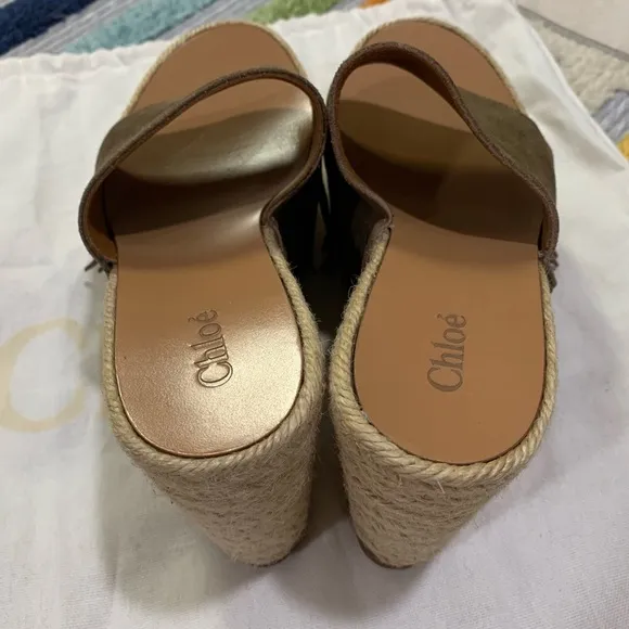 CHLOE Brown Taupe Suede Fringe Platform Wedge Espadrille Sandals EU 38 US 8