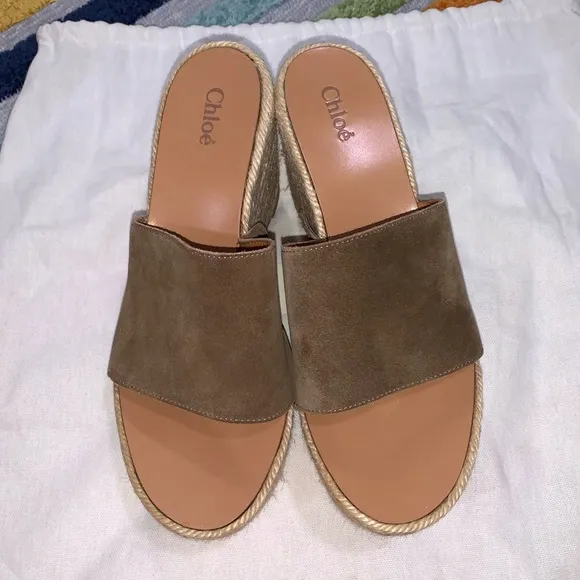 CHLOE Brown Taupe Suede Fringe Platform Wedge Espadrille Sandals EU 38 US 8