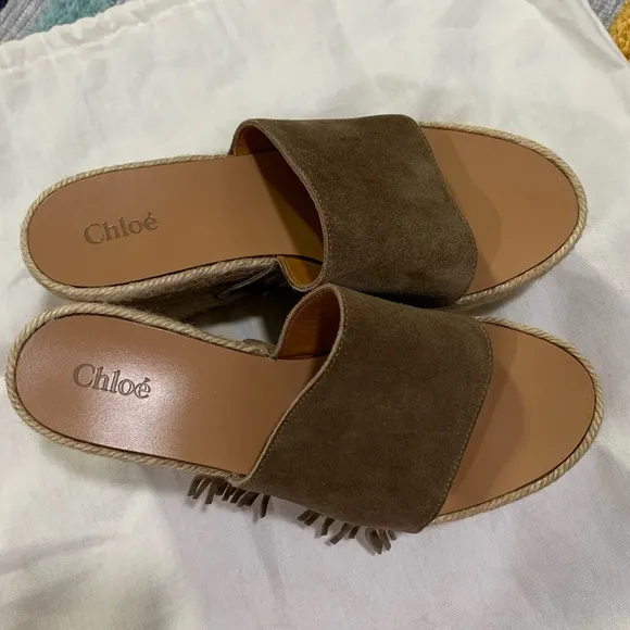 CHLOE Brown Taupe Suede Fringe Platform Wedge Espadrille Sandals EU 38 US 8
