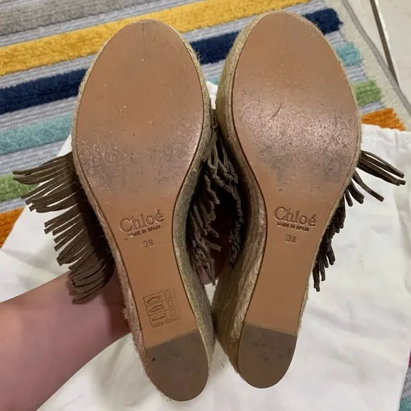 CHLOE Brown Taupe Suede Fringe Platform Wedge Espadrille Sandals EU 38 US 8