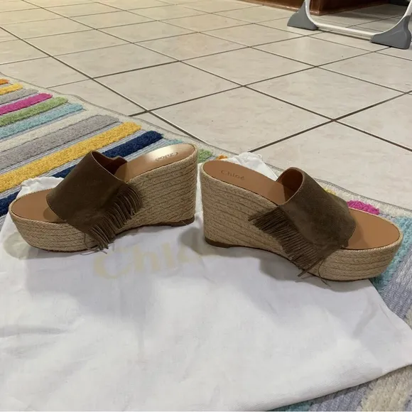 CHLOE Brown Taupe Suede Fringe Platform Wedge Espadrille Sandals EU 38 US 8