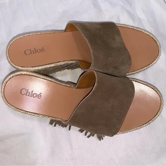 CHLOE Brown Taupe Suede Fringe Platform Wedge Espadrille Sandals EU 38 US 8