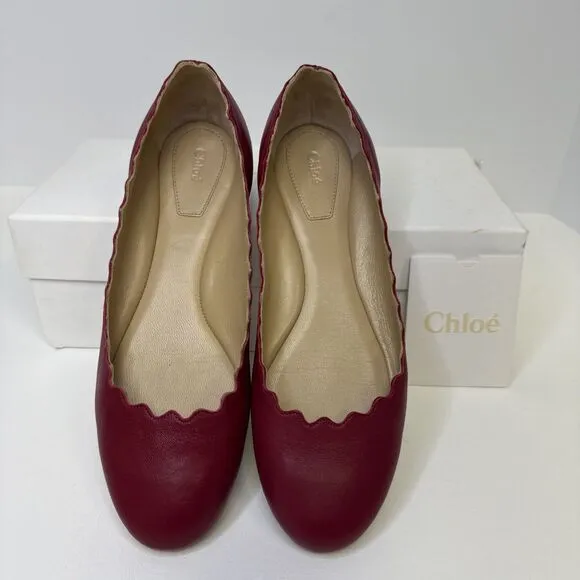Chloe Lauren Scalloped Leather Ballet Flats Red Size EU 35.5 US 5.5