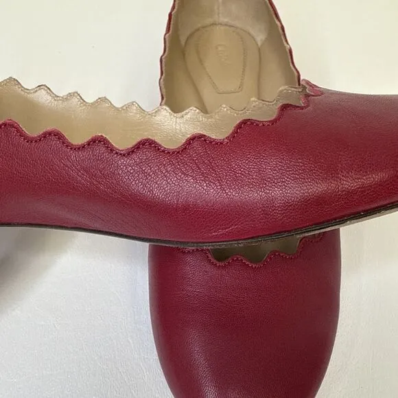 Chloe Lauren Scalloped Leather Ballet Flats Red Size EU 35.5 US 5.5