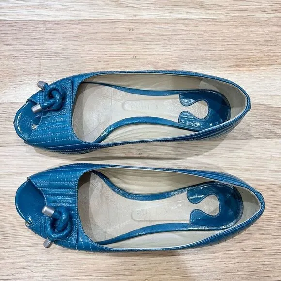 Chloe Patent Leather Open Toe Flats Teal Size 36.5