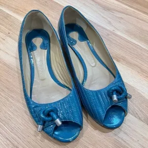 Chloe Patent Leather Open Toe Flats Teal Size 36.5
