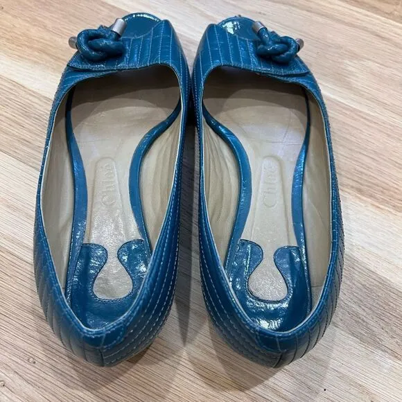 Chloe Patent Leather Open Toe Flats Teal Size 36.5