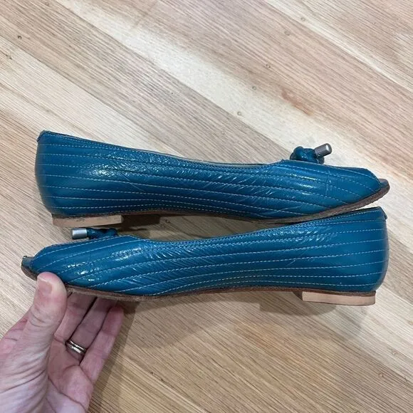 Chloe Patent Leather Open Toe Flats Teal Size 36.5