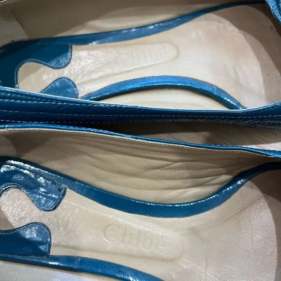 Chloe Patent Leather Open Toe Flats Teal Size 36.5