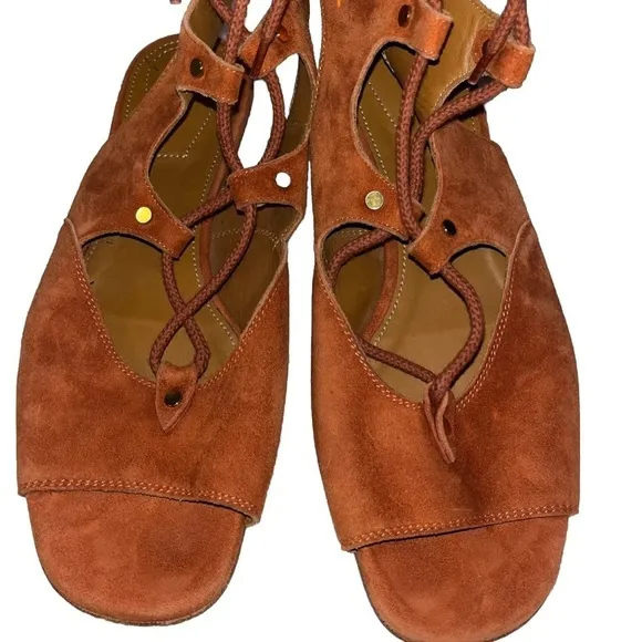 CHLOE rust orange suede leather lace up gladiator open toe flat sandal 37.5 7.5