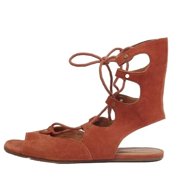 CHLOE rust orange suede leather lace up gladiator open toe flat sandal 37.5 7.5