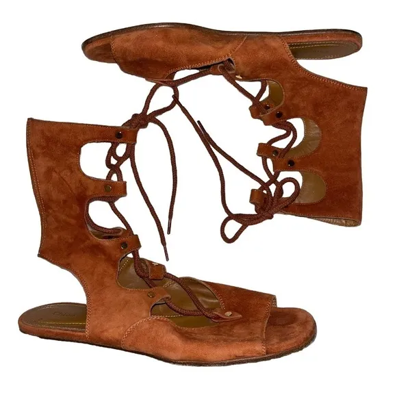 CHLOE rust orange suede leather lace up gladiator open toe flat sandal 37.5 7.5