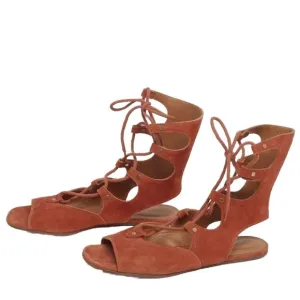CHLOE rust orange suede leather lace up gladiator open toe flat sandal 37.5 7.5