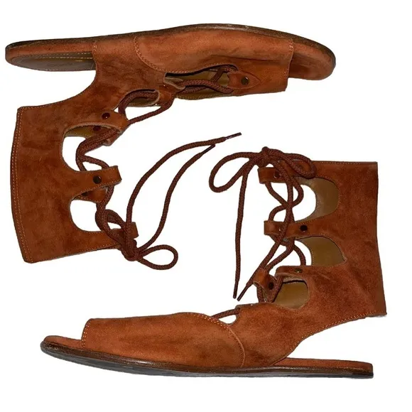 CHLOE rust orange suede leather lace up gladiator open toe flat sandal 37.5 7.5