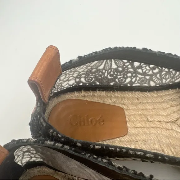Chloe Women’s Scalloped Lace Espadrille Flat Black Approximating Size 7 Slip On