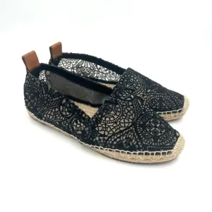 Chloe Women’s Scalloped Lace Espadrille Flat Black Approximating Size 7 Slip On