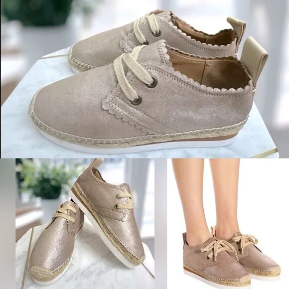 Chloé Scalloped Gold Leather Lace Up Espadrilles Platform Sneakers Size 38