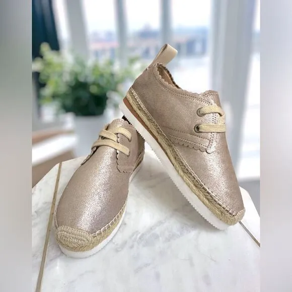 Chloé Scalloped Gold Leather Lace Up Espadrilles Platform Sneakers Size 38