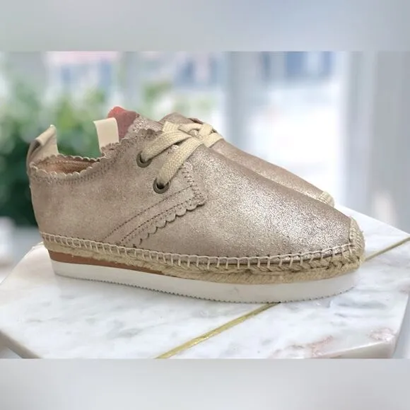 Chloé Scalloped Gold Leather Lace Up Espadrilles Platform Sneakers Size 38