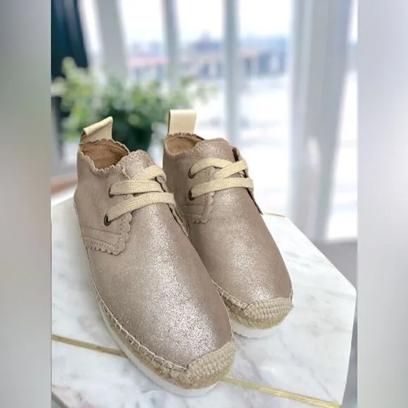 Chloé Scalloped Gold Leather Lace Up Espadrilles Platform Sneakers Size 38