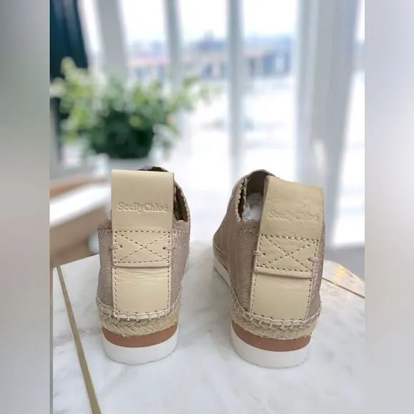 Chloé Scalloped Gold Leather Lace Up Espadrilles Platform Sneakers Size 38