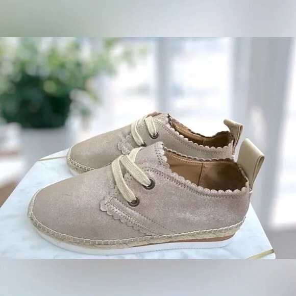 Chloé Scalloped Gold Leather Lace Up Espadrilles Platform Sneakers Size 38