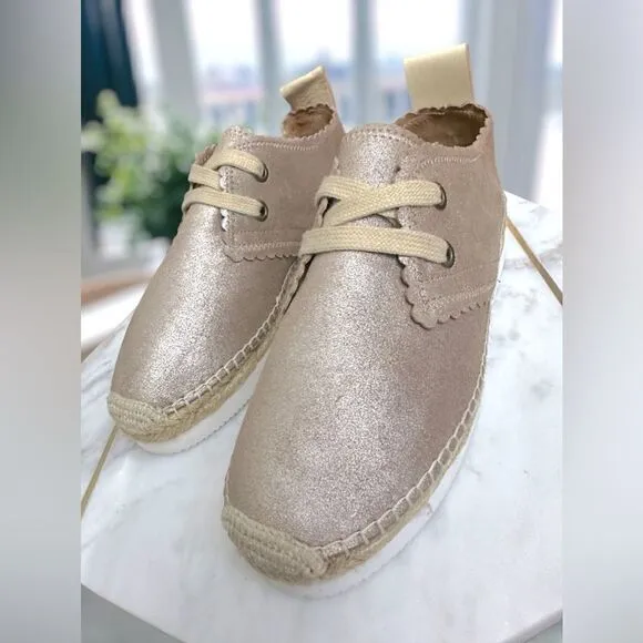 Chloé Scalloped Gold Leather Lace Up Espadrilles Platform Sneakers Size 38