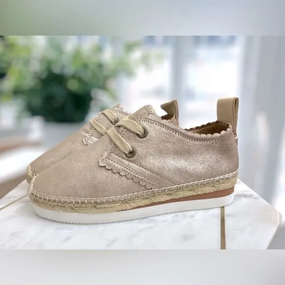 Chloé Scalloped Gold Leather Lace Up Espadrilles Platform Sneakers Size 38