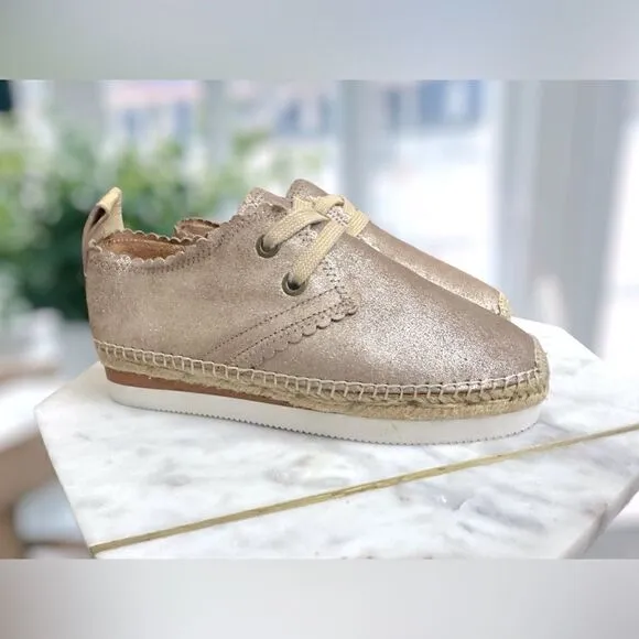 Chloé Scalloped Gold Leather Lace Up Espadrilles Platform Sneakers Size 38