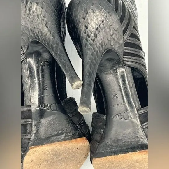 CHRISTIAN DIOR Black Leather Python Mules Peep Toe Booties Sandals EU 39 US 9